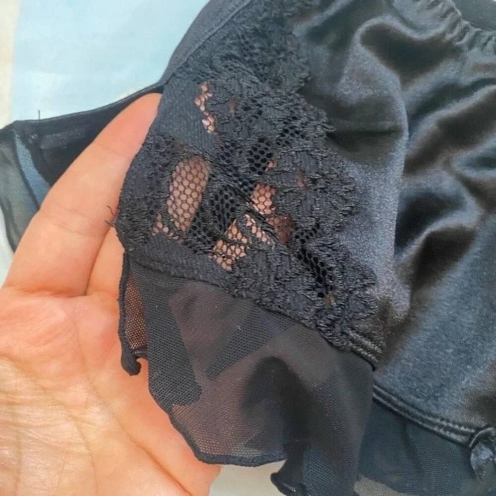 Secret Treasures Black Garter Satin Lace & Mesh Skirt Thong Underwear Si…